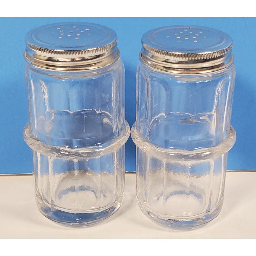 Vintage Hoosier Cabinet Ribbed Glass Spice Jars Metal Lids Vintage Set of 2